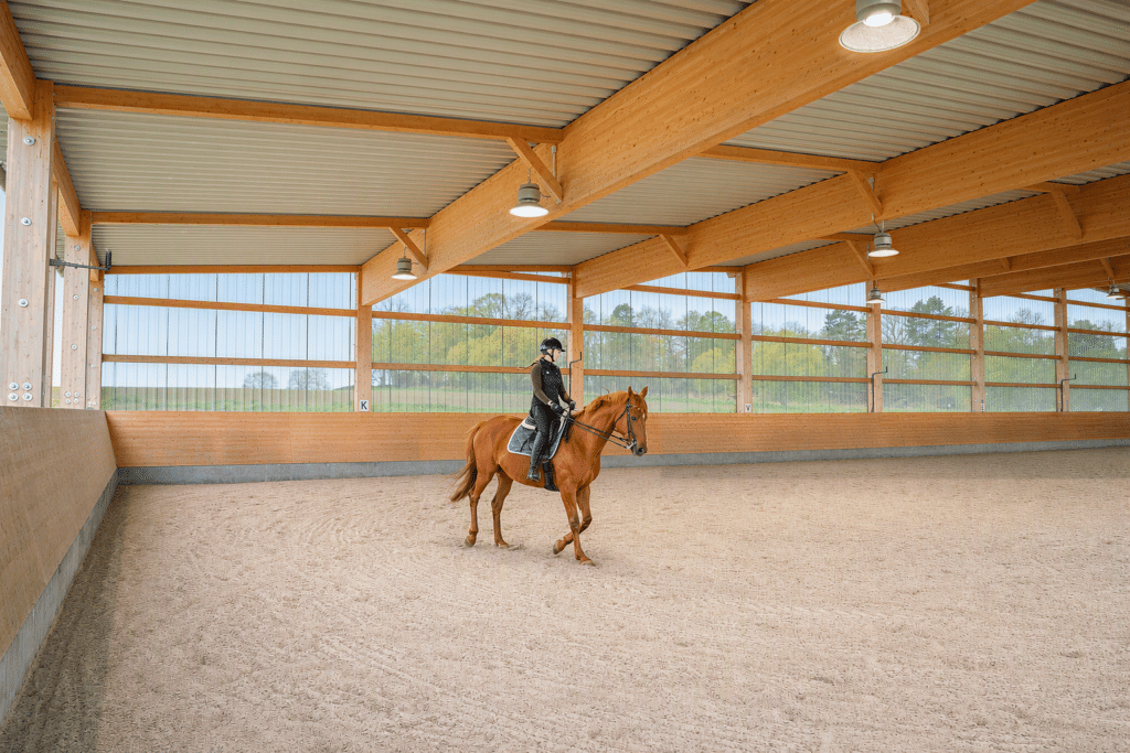 Reiterin auf Pferd beim Training in einer GROHA®-Reithalle.